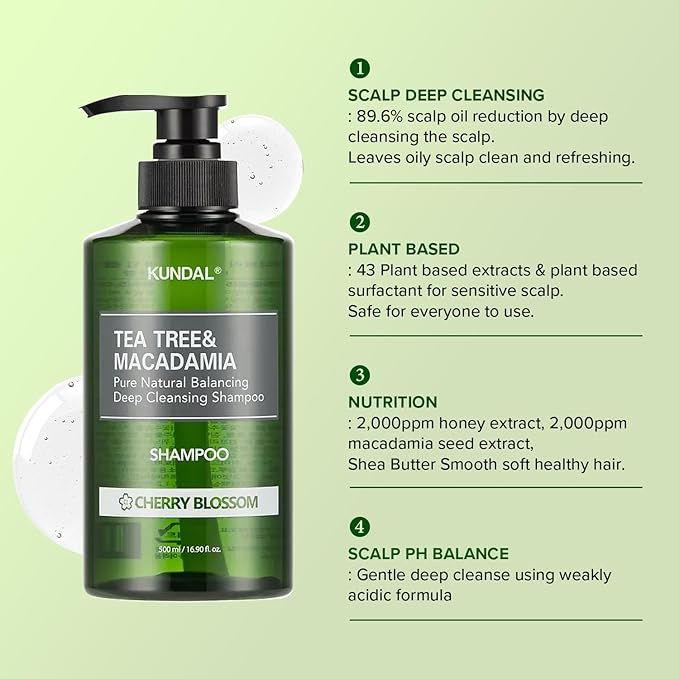 Kundal Tea Tree & Macadamia Deep Cleansing Shampoo - Korean Hair Care, Scalp Care, Tea Tree extract, For All hair Types 10.14fl oz each (Pack of 2) (Baby Powder)