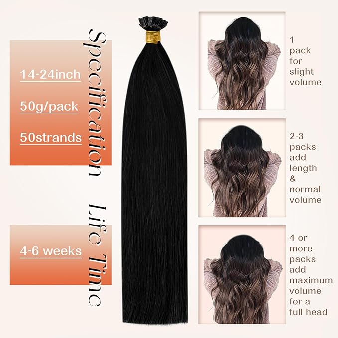 Sunny Hair Flat Tip Hair Extensions Real Human Hair 20 inch Jet Black Keratin Tips Hair Extensions Ktip Remy Human Hair Thick End 50g