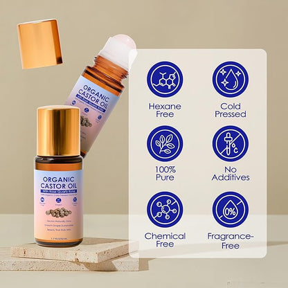 Organic Castor Oil with Rose Quartz Roller, 100% Pure Cold-Pressed & Unrefined - For Hair Growth, Eyelashes, Eyebrows & Skin (1)