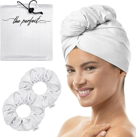 THE PERFECT HAIRCARE Microfiber Hair Towel Wrap + 2 Smooth Large Hair Drying Tie for Wet Hair - Anti-Frizz, Gentle, Absorbent Hair Scrunchies or Face Washing Wristband