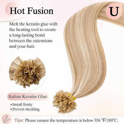 U Tip Hair Extensions Human Hair Pre Bonded Extensions Keratin Fusion Extensions K Tip Hair Extensions Real Human Hair Silky Straight Natural 50g/100 Stands 24" Golden Brown Mix Bleach Blonde