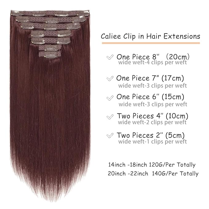 Caliee Clip in Hair Extensions Real Human Hair Burgundy Wine Red Color Double Weft Lace Invisible Silky Straight Hair Extensions Clip ins for Full Head 120 G 14 Inch