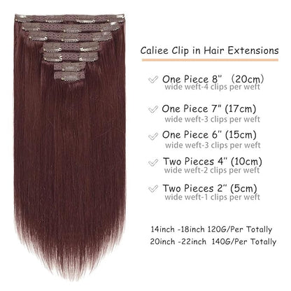Caliee Clip in Hair Extensions Real Human Hair Burgundy Wine Red Color Double Weft Lace Invisible Silky Straight Hair Extensions Clip ins for Full Head 120 G 14 Inch
