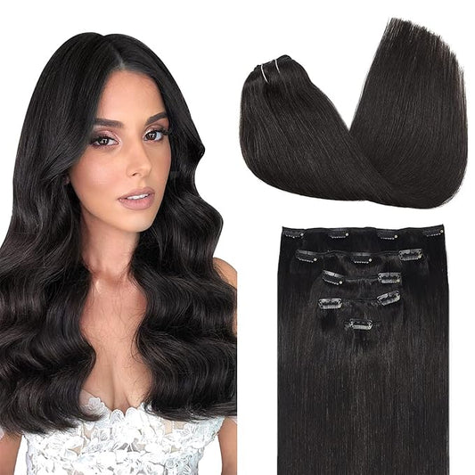 DOORES Human Hair Extensions Clip in, 5pcs 80g Natural Black 18 Inch Clip in Hair Extensions Straight Natural Remy Hair Extensions