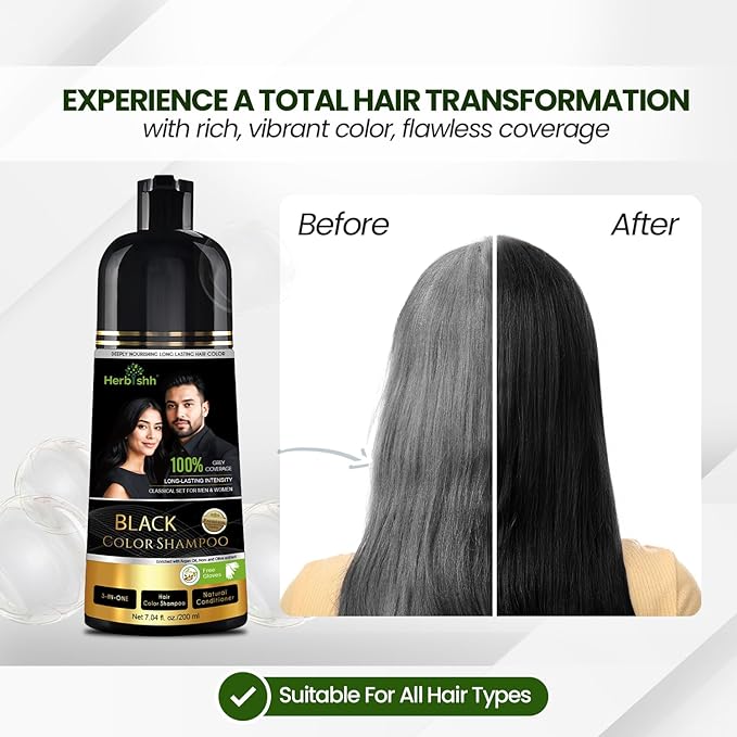 Herbishh Black Shampoo, Hair Dye Shampoo 3 in 1, 100% Grey Coverage, Demi-Permanent Hair Color for Men & Women, Long-lasting Color in 5-15 Mins, Ammonia-free, 200 ml