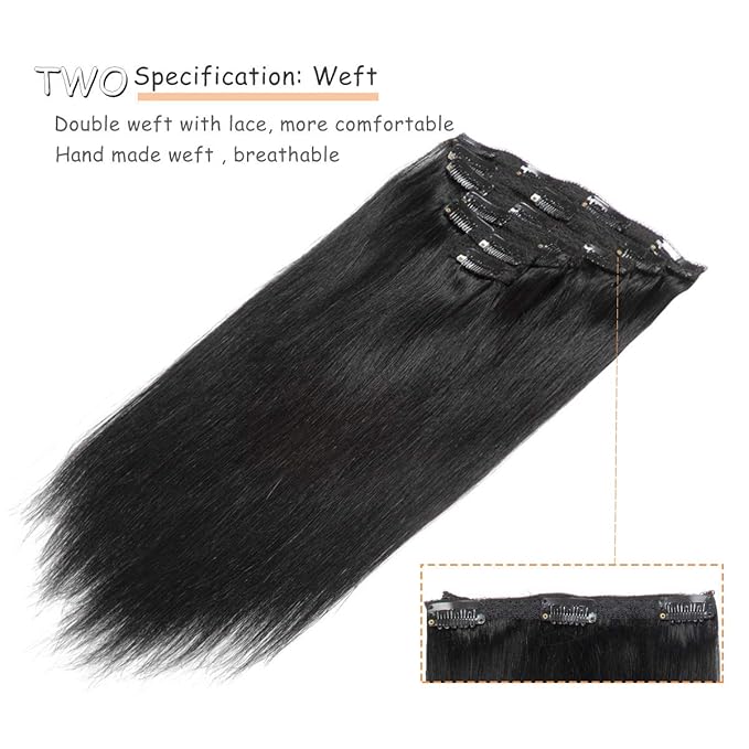 Caliee 22 Inch Clip in Hair Extensions Human Hair Jet Black Real Hair Extensions Clip in Human Hair Double Weft Lace Seamless Natural Silky Thick 140 Gram 7 PCS for Full Head