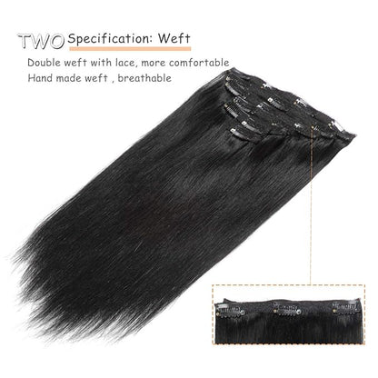 Caliee 22 Inch Clip in Hair Extensions Human Hair Jet Black Real Hair Extensions Clip in Human Hair Double Weft Lace Seamless Natural Silky Thick 140 Gram 7 PCS for Full Head