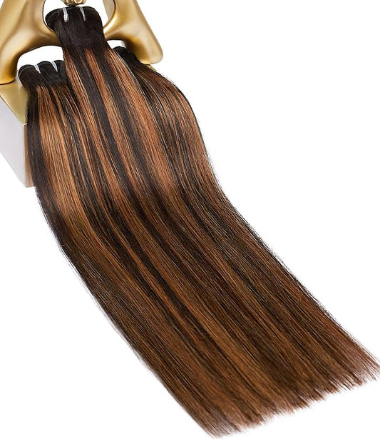 mlip Raw Bundles Human Hair Straight, No Tangle Shedding, Keep Texture Silky Soft After Multiple Washes, 15A Raw Indian Hair Bundles 16 18 20 Inches, Brown Highlight Color