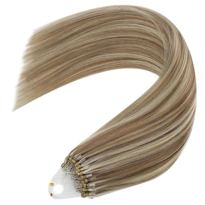 YoungSee Microbead Hair Extensions Highlight Microlink Hair Extensions Human Hair Light Brown Highlight Blonde Micro Beads Hair Extensions for Short Hair 14In 50s 50g Beaded Hair Extensions Soft