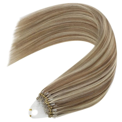 YoungSee Microbead Hair Extensions Highlight Microlink Hair Extensions Human Hair Light Brown Highlight Blonde Micro Beads Hair Extensions for Short Hair 14In 50s 50g Beaded Hair Extensions Soft