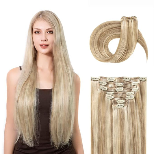 Clip in Hair Extensions Real Human Hair, Silky Remy Hair Extensions Clip Ins, Salon Quality Natural Human Hair, Light Blonde Highlighted Golden Blonde #P16/22 22Inch 120G 7PCS