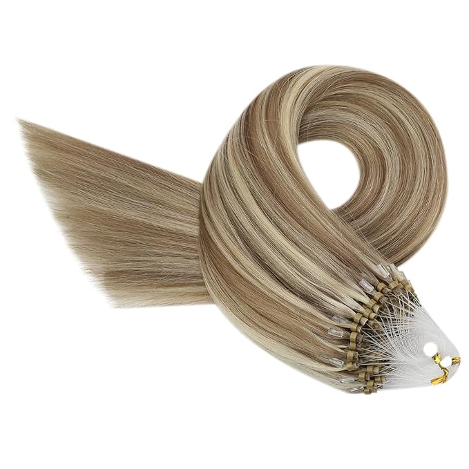 YoungSee Microbead Hair Extensions Highlight Microlink Hair Extensions Human Hair Light Brown Highlight Blonde Micro Beads Hair Extensions for Short Hair 14In 50s 50g Beaded Hair Extensions Soft