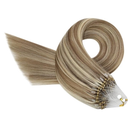 YoungSee Microbead Hair Extensions Highlight Microlink Hair Extensions Human Hair Light Brown Highlight Blonde Micro Beads Hair Extensions for Short Hair 14In 50s 50g Beaded Hair Extensions Soft