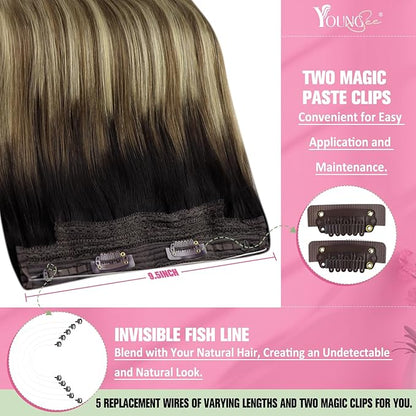 YoungSee Wire Hair Extensions Balayage Wire Hair Extensions Human Hair Invisible Fish Line Hair Extensions Dark Brown Roots Blending into Medium Brown with Warm Blonde Highlights 14Inch 80G