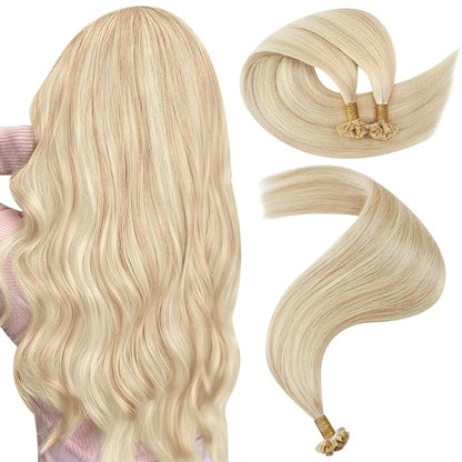 YoungSee Keratin Hair Extensions Human Hair Blonde 16 Inch K Tip Hair Extensions Blonde Highlight Hot Fusion Keratin Tip Hair Extensions Remy K Tip Hair Extensions Real Human Hair 50g #18/613