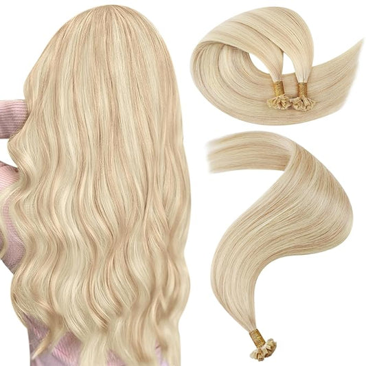 YoungSee Keratin Hair Extensions Human Hair Blonde 16 Inch K Tip Hair Extensions Blonde Highlight Hot Fusion Keratin Tip Hair Extensions Remy K Tip Hair Extensions Real Human Hair 50g #18/613