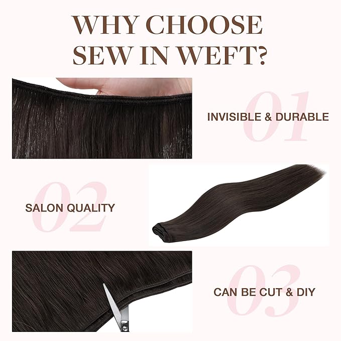 GOO GOO Sew in Hair Extensions Real Human Hair, Weft Hair Extensions Human Hair, 2A Light Brown 20inch 105g, Weft Bundles Straight Silky Remy Hair