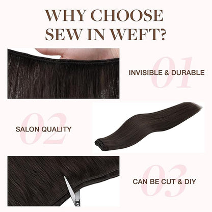 GOO GOO Sew in Hair Extensions Real Human Hair, Weft Hair Extensions Human Hair, 2A Light Brown 20inch 105g, Weft Bundles Straight Silky Remy Hair