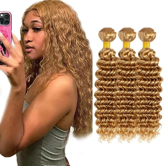 #27 Blonde Bundles Human Hair Deep Wave Bundles 30 30 30 Inch Unprocessed Brazilian Virgin Hair Weave 3 Bundle 50 Grams Per Bundle Honey Blonde Human Hair Extensions