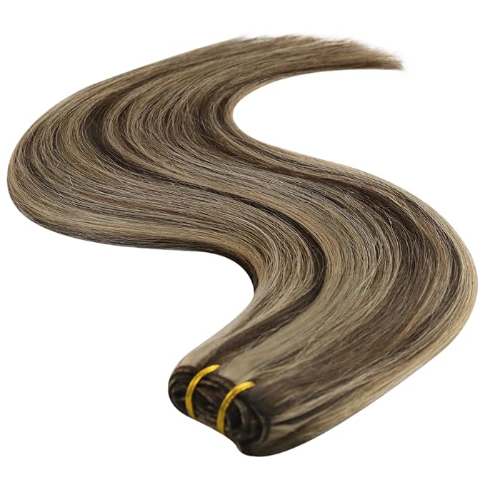 YoungSee Weft Hair Extensions Balayage Sew in Hair Extensions Dark Brown Mix Caramel Blonde Highlights Human Hair Weft Extensions Brown 20Inch 100G