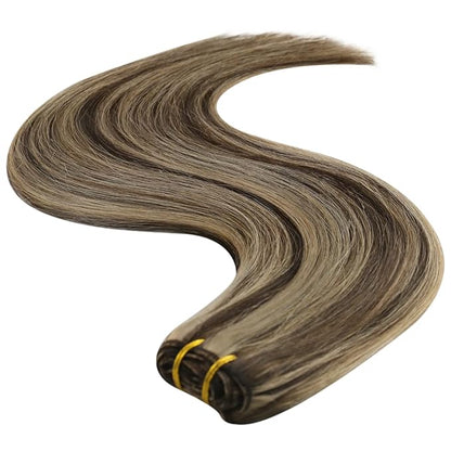 YoungSee Weft Human Hair Extensions Brown Highlight Sew in Hair Extensions Human Hair Dark Brown Mix Caramel Blonde Sew in Hair Extensions Real Human Hair Highlights no Shedding for Women 100G 24Inch