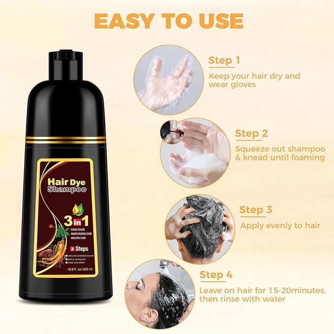 Brown Hair Dye Shampoo 3 in 1 for Gray Hair Coverage, Hair Color Shampoo for Women Men, Herbal Ingredients Shampoo Para Pintar el Cabello (16.9 Oz)