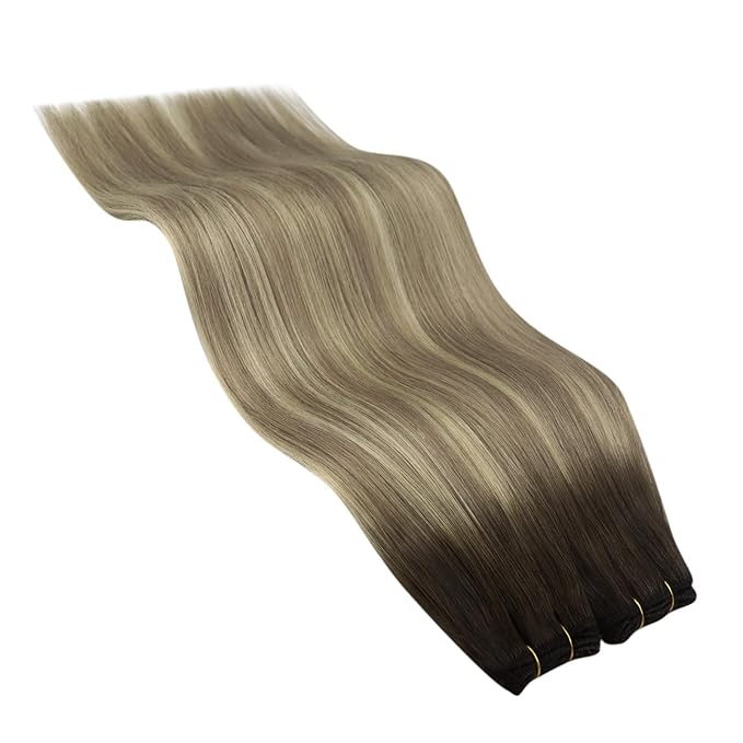 YoungSee Weft Hair Extensions Human Hair Brown Ombre Sew in Extensions Human Hair Dark Brown Ombre Light Brown with Blonde Weft Hair Extensions Real Human Hair 16Inch 100G