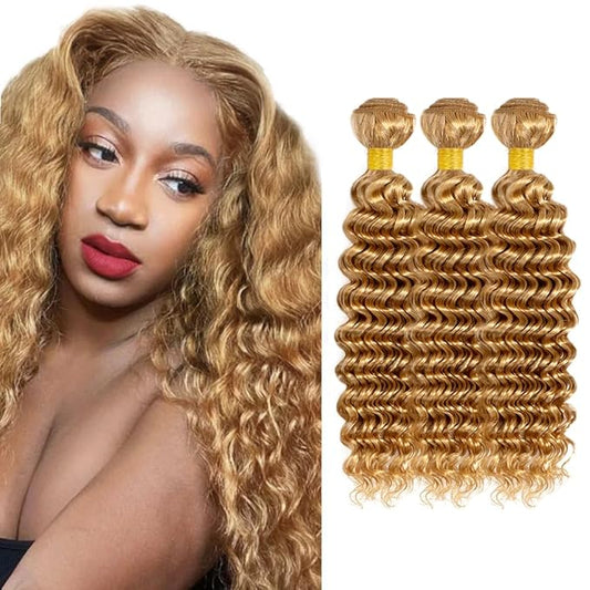 #27 Honey Blonde Bundles Human Hair Deep Wave Bundles 16 18 20 Inch Unprocessed Brazilian Virgin Hair Weave 3 Bundles 50 Grams Per Bundle Blonde Human Hair Extensions For Women