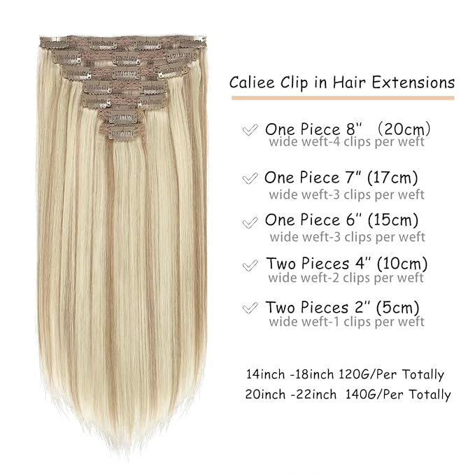 Caliee Real Hair Extensions Clip in Human Hair Natural Silky Straight Hair Extensions Balayage Clip in Hair Extehsions Golden Brown #10 Mixed Bleach Blonde #613 140g 7Pcs 22inch