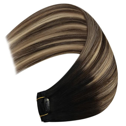 YoungSee 150G Clip in Hair Extensions Real Human Hair Ombre Lace Clip in Hair Extensions Human Hair Black Fading to Brown with Caramel Blonde Human Hair Clip in Extensions for Black Women 7Pcs 20Inch