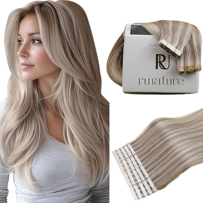 RUNATURE Tape in Extensions Human Hair Grey Blonde Highlight 24 Inch Tape in Hair Extensions Human Hair for Long Hair, Silky Soft Remy Natural Hair, Double Sided Real Tape Ins 50g 20pcs