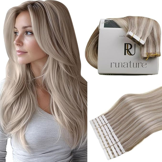 RUNATURE Tape in Extensions Human Hair Grey Blonde Highlight 24 Inch Tape in Hair Extensions Human Hair for Long Hair, Silky Soft Remy Natural Hair, Double Sided Real Tape Ins 50g 20pcs