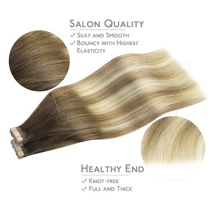 WENNALIFE Tape in Hair Extensions Human Hair, 40pcs 100g 14 inch Ombre Walnut Brown to Ash Brown and Bleach Blonde Hair Extensions Real Human Hair Straight Tape in Extensions Real Human Hair Extension