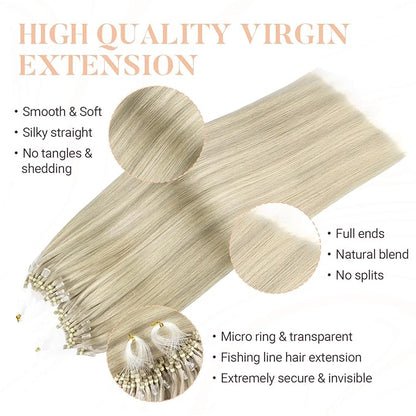 MAXITA Microlink Hair Extensions Human Hair, Ash Blonde Highlighted Platinum Blonde Micro Bead Hair Extensions Virgin Human Hair, 50g/50 Strands/Pack, 22 In