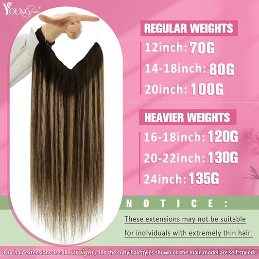 YoungSee Wire Extensions Balayage Wire Extensions Real Human Hair Balayage Chocolate Brown Mix Caramel Blonde Balayage Couture Hair Extensions With Transparent Line Ease of Use 18In 80G