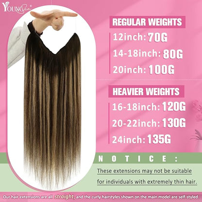 YoungSee Wire Human Hair Extensions Balayage Real Hair Wire Extensions Invisible Fish Wire Hair Extensions Balayage Chocolate Brown Mix Caramel Blonde Balayage Softness Hair Extensions 16Inch 80G
