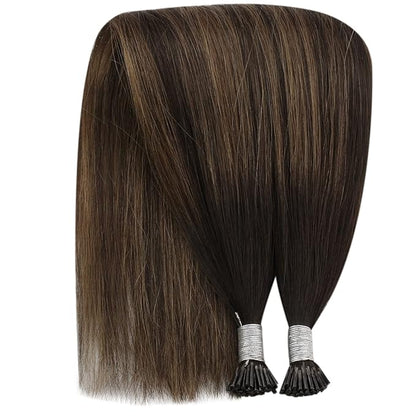 YoungSee Itip Hair Extension Real Human Hair Brown I Tip Extensions Dark Brown Balayage Brown Tip Hair Extensions Real Human Hair 14 Inch Ombre Keratin Tip Extensions Short Hair Extensions 50g 80s
