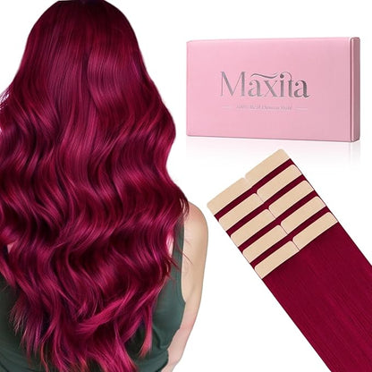 MAXITA Tape in Hair Extensions Human Hair Burgundy Red Tape in Extensions 10pcs 30g 20 Inch Colored Invisible Real Human Hair Extension Soft Straight Wine Red Glue in Hair Burgundy Hair Extensions