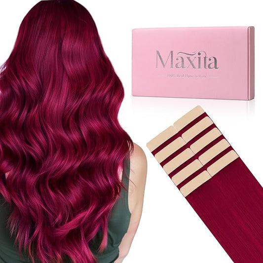 MAXITA Tape in Hair Extensions Human Hair Burgundy Red Tape in Extensions 10pcs 30g 20 Inch Colored Invisible Real Human Hair Extension Soft Straight Wine Red Glue in Hair Burgundy Hair Extensions