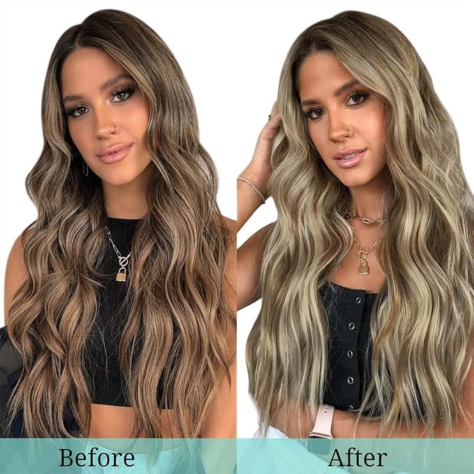 DOORES Clip in Hair Extensions, Ombre Medium Brown Highlighted Golden Blonde 24 Inch 7pcs 120g, Remy Hair Extensions Clip in Human Hair Extensions Natural Hair Extensions Thick Silky Straight