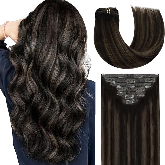 Lacer Clip in Hair Extensions Real Human Hair Balayage Natural Black to Medium Brown Highlight Remy Human Hair Extensions Clip ins for Women 14 Inch 120g 7Pcs Natural Human Hair