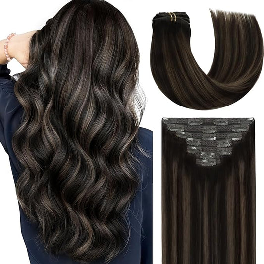 Lacer Clip in Hair Extensions Real Human Hair Balayage Natural Black to Medium Brown Highlight Remy Human Hair Extensions Clip ins for Women 14 Inch 120g 7Pcs Natural Human Hair