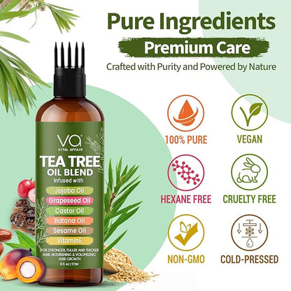 Tea Tree Oil For Hair With Jojoba, Castor, Batana Oil - Tea Tree Hair And Scalp Treatment - Hair Oil For Dandruff - Helps Strengthen, Volumize & Promotes Hair Growth - 6 Fl Oz