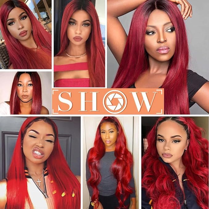 1B/Red Body Wave Human Hair Bundles 14 16 18 inch Double Weft Brazilian Virgin Remy Hair Extensions Two Tone Black To Red Human Hair Bundles Soft and Silky For Women