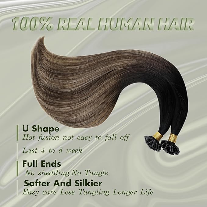 RUNATURE 20 Inch U Tip Human Hair Extensions Ombre Black to Brown Mix Caramel Blonde Pre Bonded Hair Extensions Straight Nail Tip Hair Extensions Silky Human Hair U Tip Extensions Remy 50g 50s