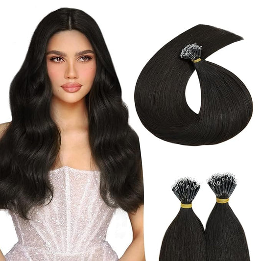 Nano Bead Human Hair Extensions - Nano Bond & Tip Extensions - Silky Straight Natural 50g/50 Stands 20" Natural Black