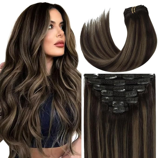 Loxxy Real Human Hair Extensions Clip ins Black Roots from Natural Black to Chocolate Brown Remy Hair Extensions Clip in with 16clips 140g 22Inch Natural Straight Lace Skin Weft Hair