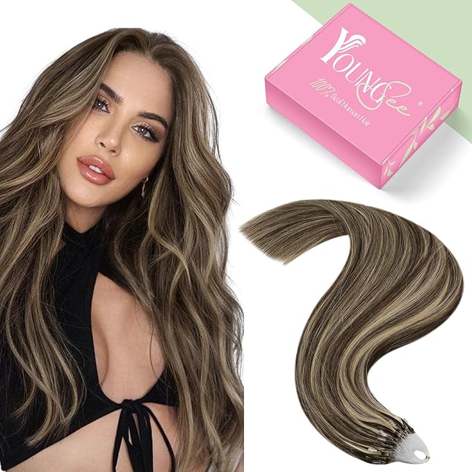 YoungSee Microlink Hair Extensions Human Hair Brown Highlight Micro Beads Hair Extensions Dark Brown Highlight Caramel Blonde Bead Hair Extensions Real Human Hair Short Hair Extensions 14 Inch 50g 50s