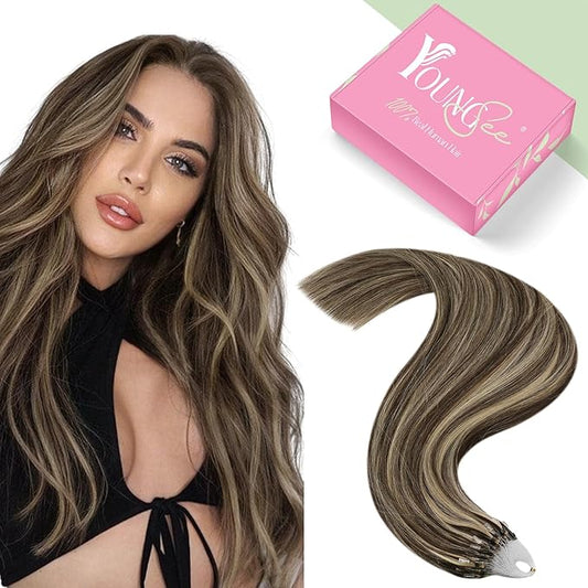 YoungSee Microlink Hair Extensions Human Hair Brown Highlight Micro Beads Hair Extensions Dark Brown Highlight Caramel Blonde Bead Hair Extensions Real Human Hair Short Hair Extensions 14 Inch 50g 50s