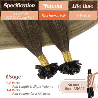 Sunny Hair K Tip Hair Extensions Human Hair 18inch Keratin Hair Extensions Effortless Highlights K Tip for Fine Thin Dark Roots to Golden Brown Mix Blonde K Tips Invisible 50G